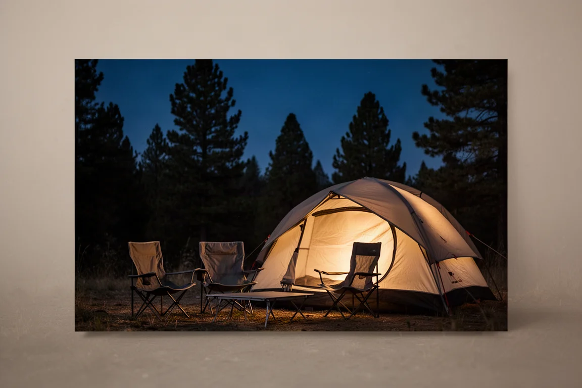 Zelt leuchtet nachts warm auf einem ruhigen Campingplatz mit leeren Stühlen