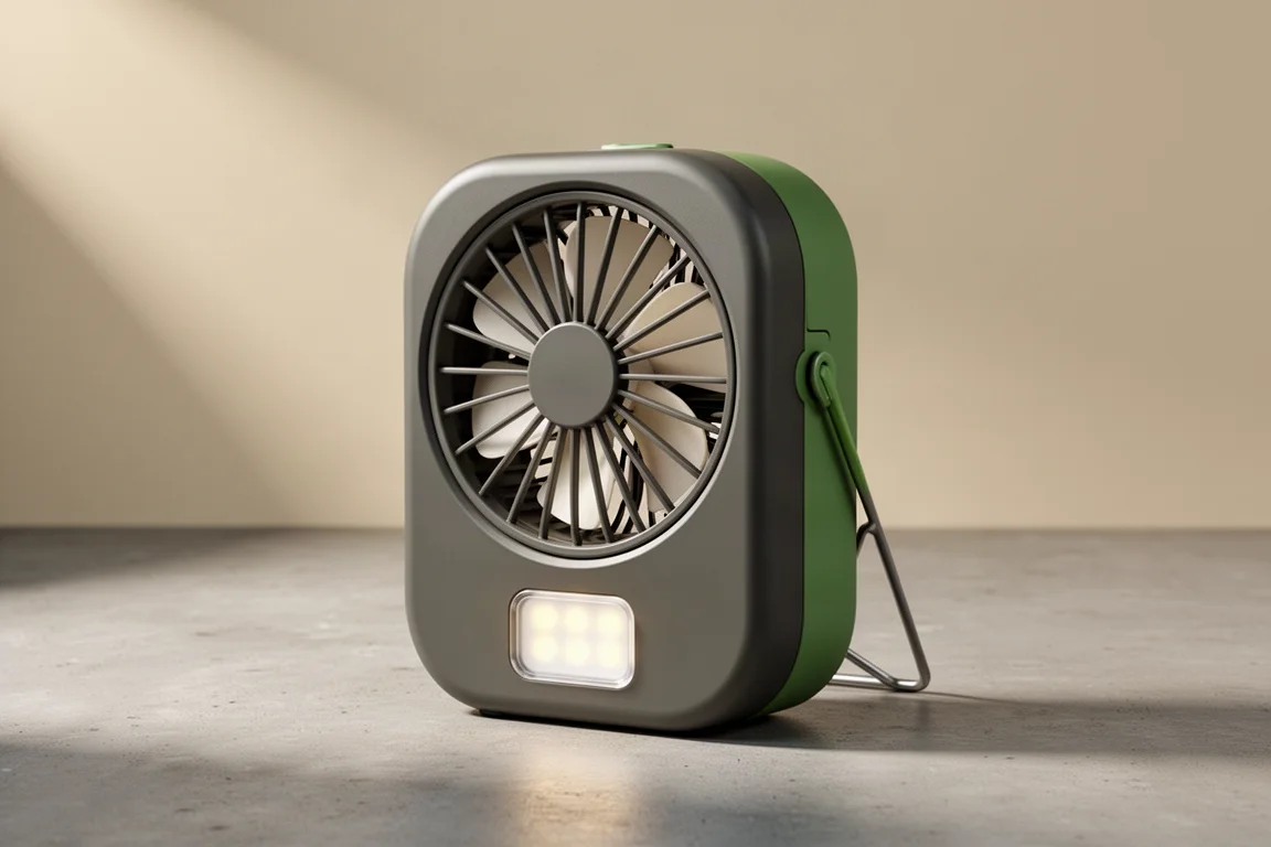 Compact camping fan and lantern with fold-out stand on a matte concrete surface