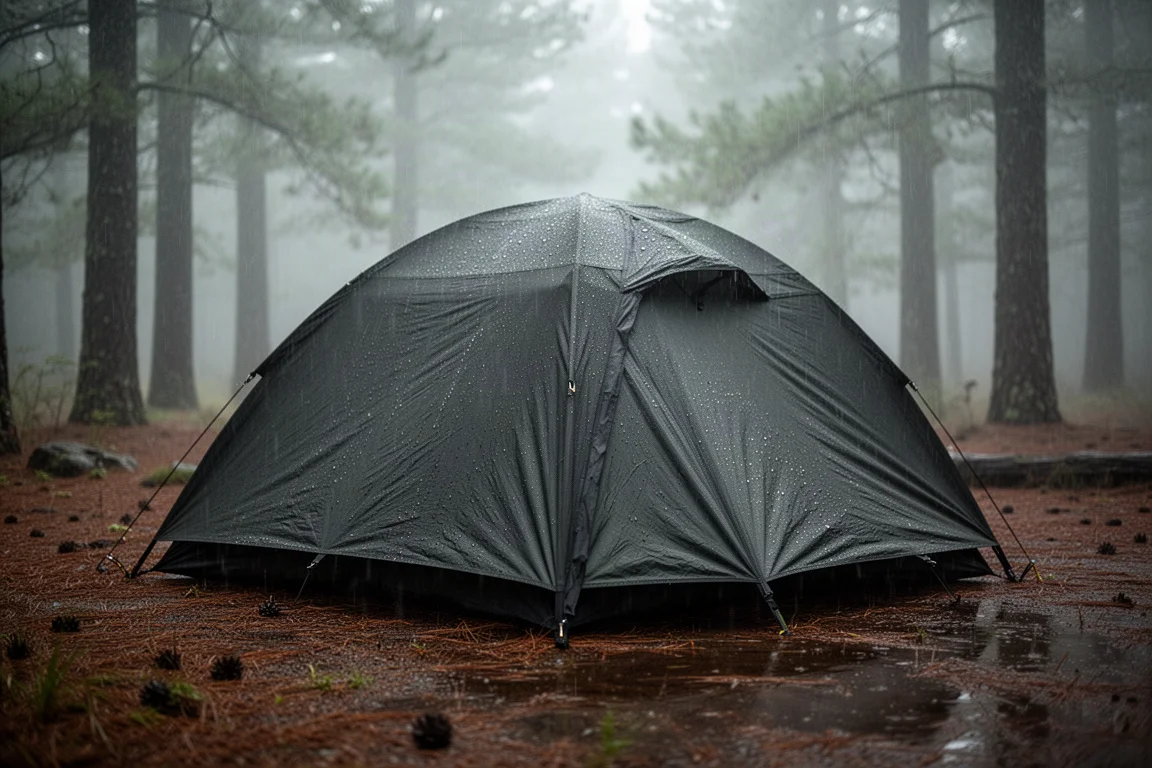 Regn som pärlar sig på regnskyddet på ett kupoltält vid en skogs campingplats