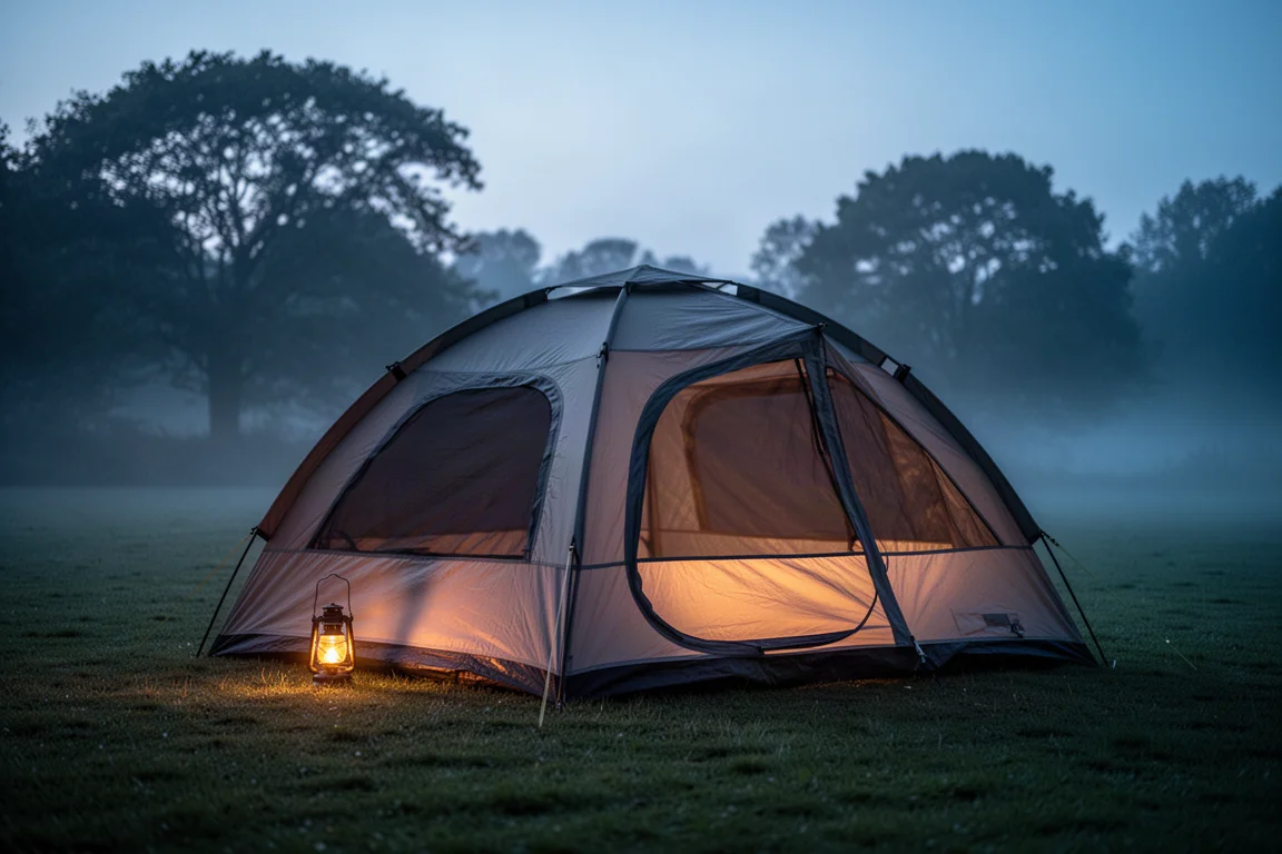 Två kupoltält uppställda sida vid sida på en gräsbevuxen campingplats i gyllene timmen