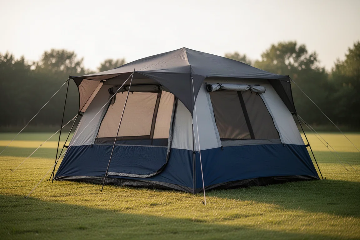 Blue and grey six-person dome camping tent with rainfly pitched on a concrete surface