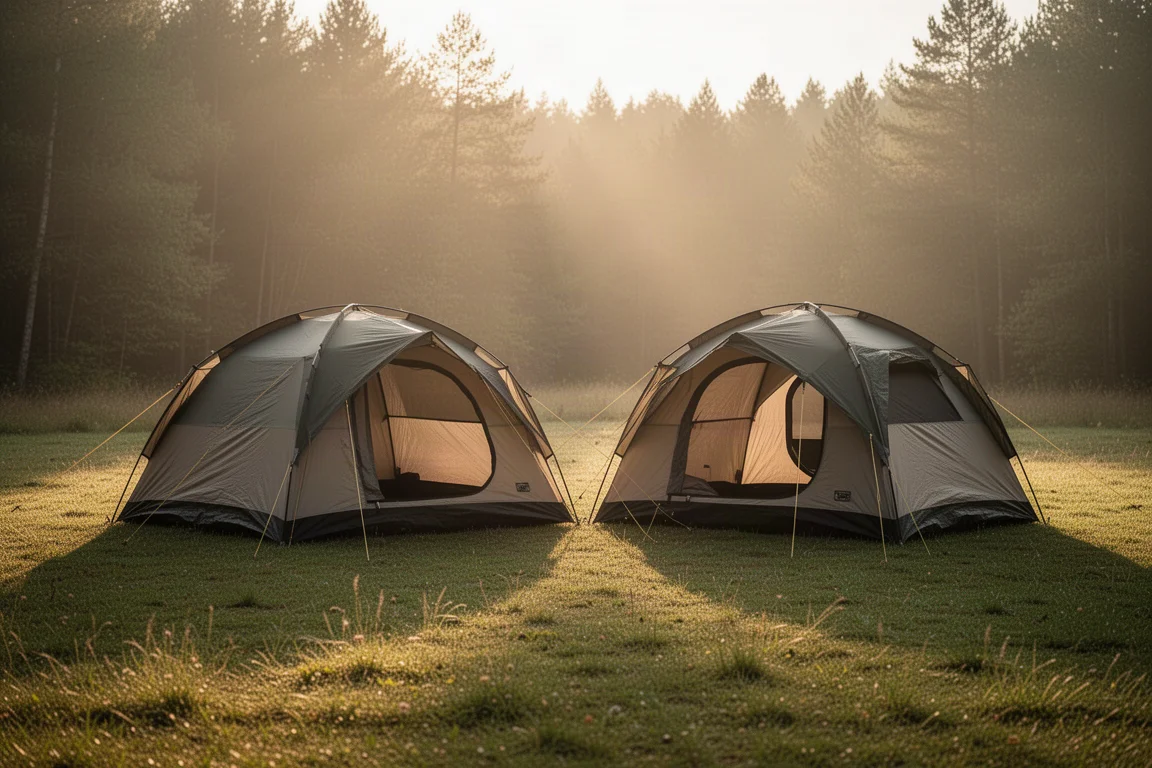 Deux tentes dôme six personnes montées côte à côte dans une clairière herbeuse au coucher du soleil