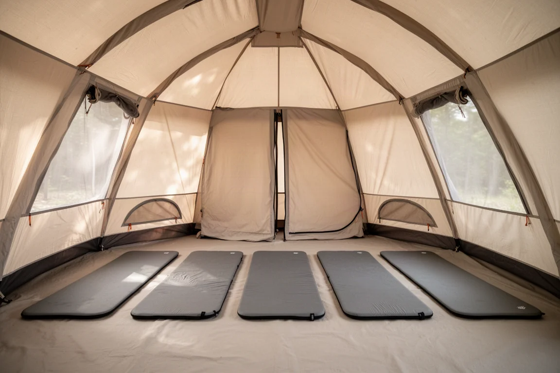 Intérieur d'une grande tente dôme avec sept matelas de couchage alignés sur le sol