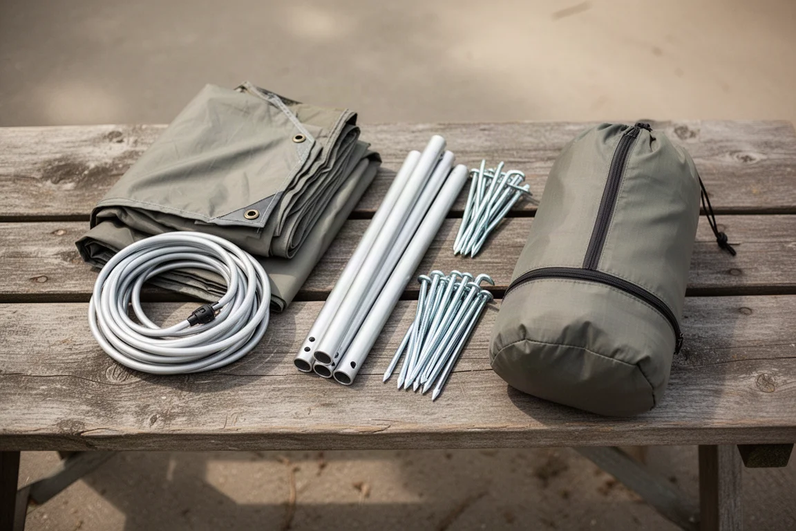 Double toit plié, segments de piquets enroulés, sardines et sac de transport rangé sur une table de pique-nique en bois
