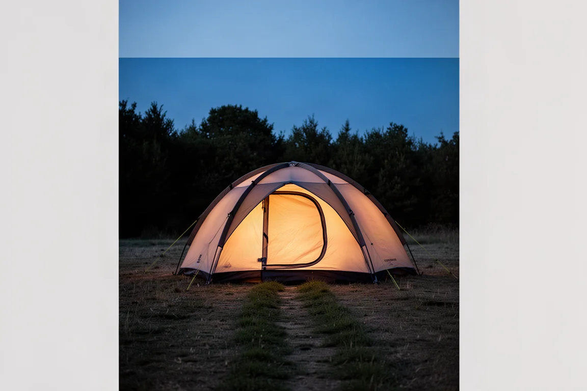 Tente dôme éclairée de l'intérieur au crépuscule sur un camping entouré d'arbres sombres