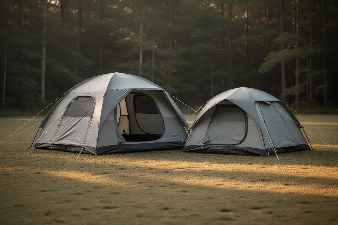 Two six-person dome tents pitched side by side on a grassy campsite at golden hour