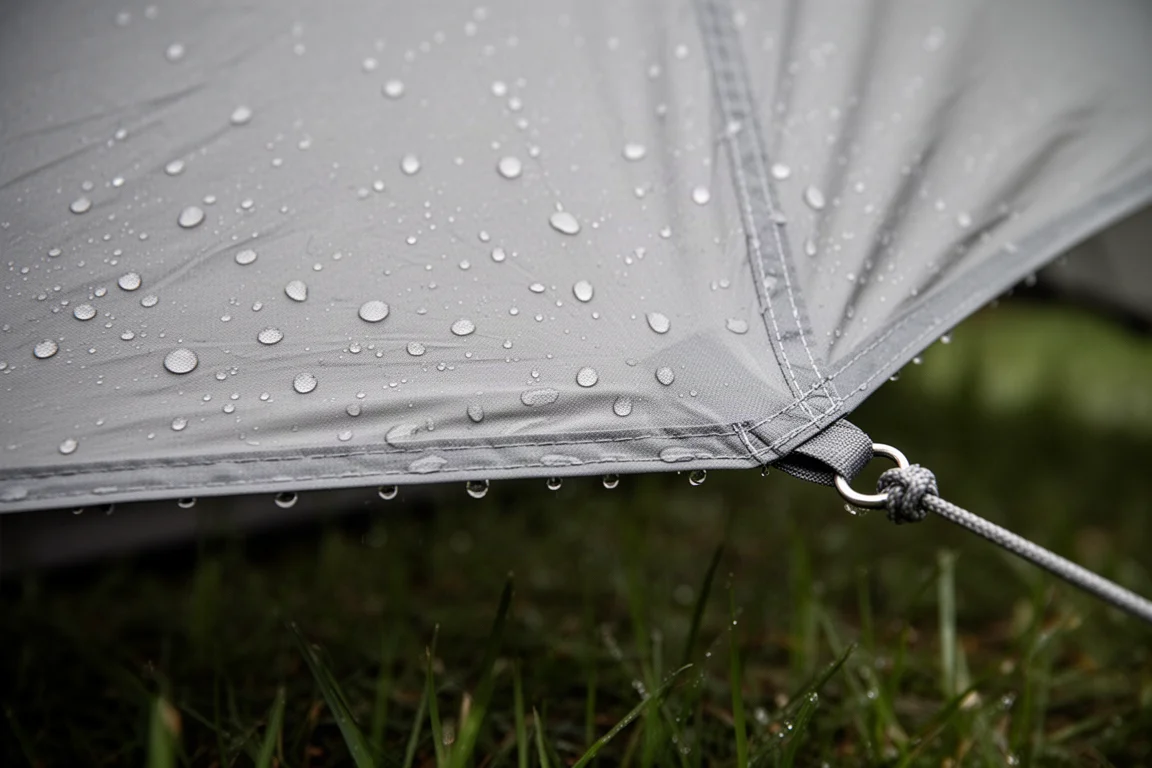 雨水在緊繃的帳篷布料上凝成水珠,一旁可見縫線與營繩固定點