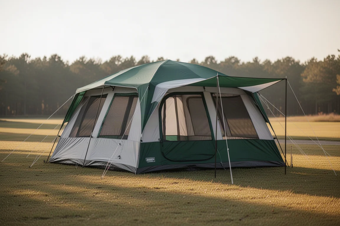 Large dome tent with attached screen room pitched on a grassy campsite clearing
