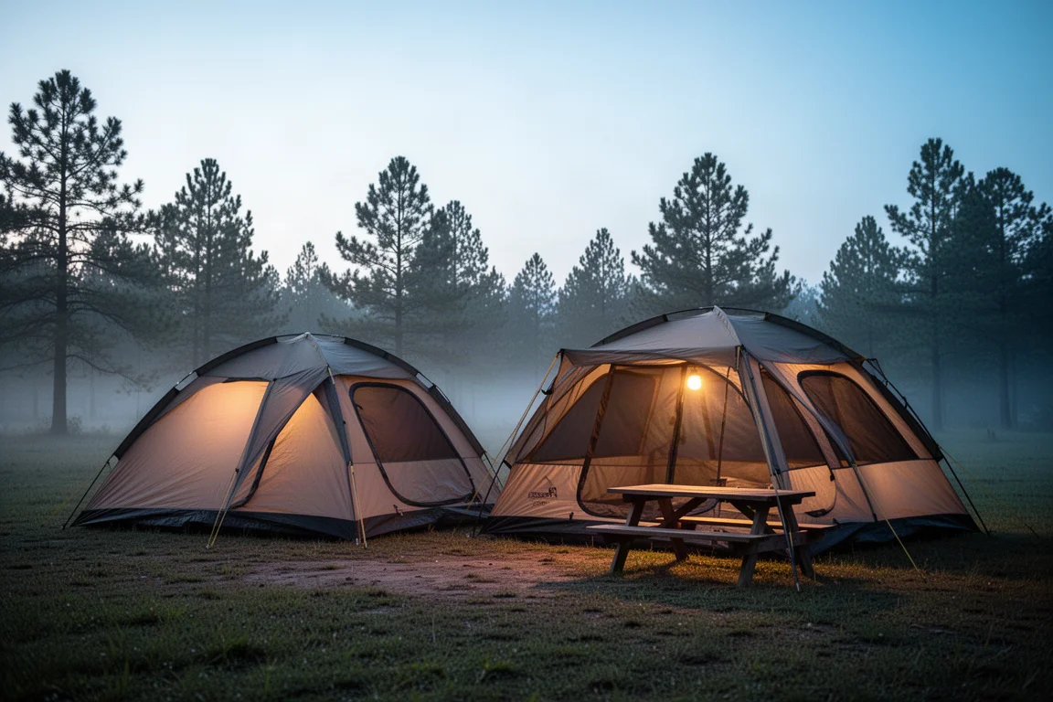 Dos tiendas tipo cúpula montadas en un camping con césped al atardecer con luz cálida en el interior