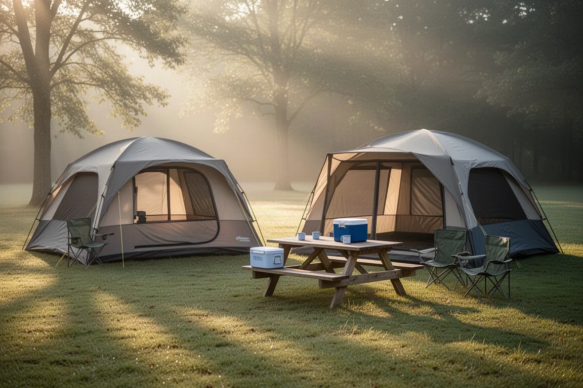 Camping por la mañana con dos tiendas tipo cúpula, una mesa de picnic, una nevera y sillas de camping