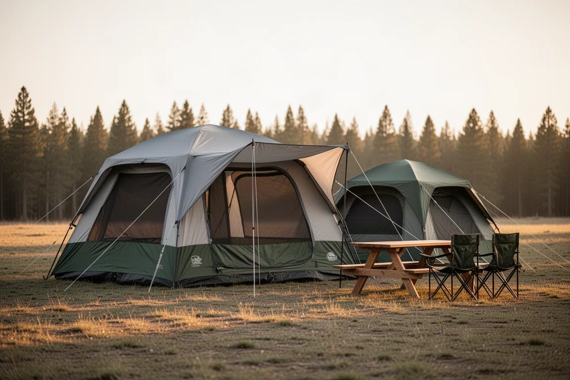 Two dome camping tents pitched side by side on a grassy clearing at golden hour
