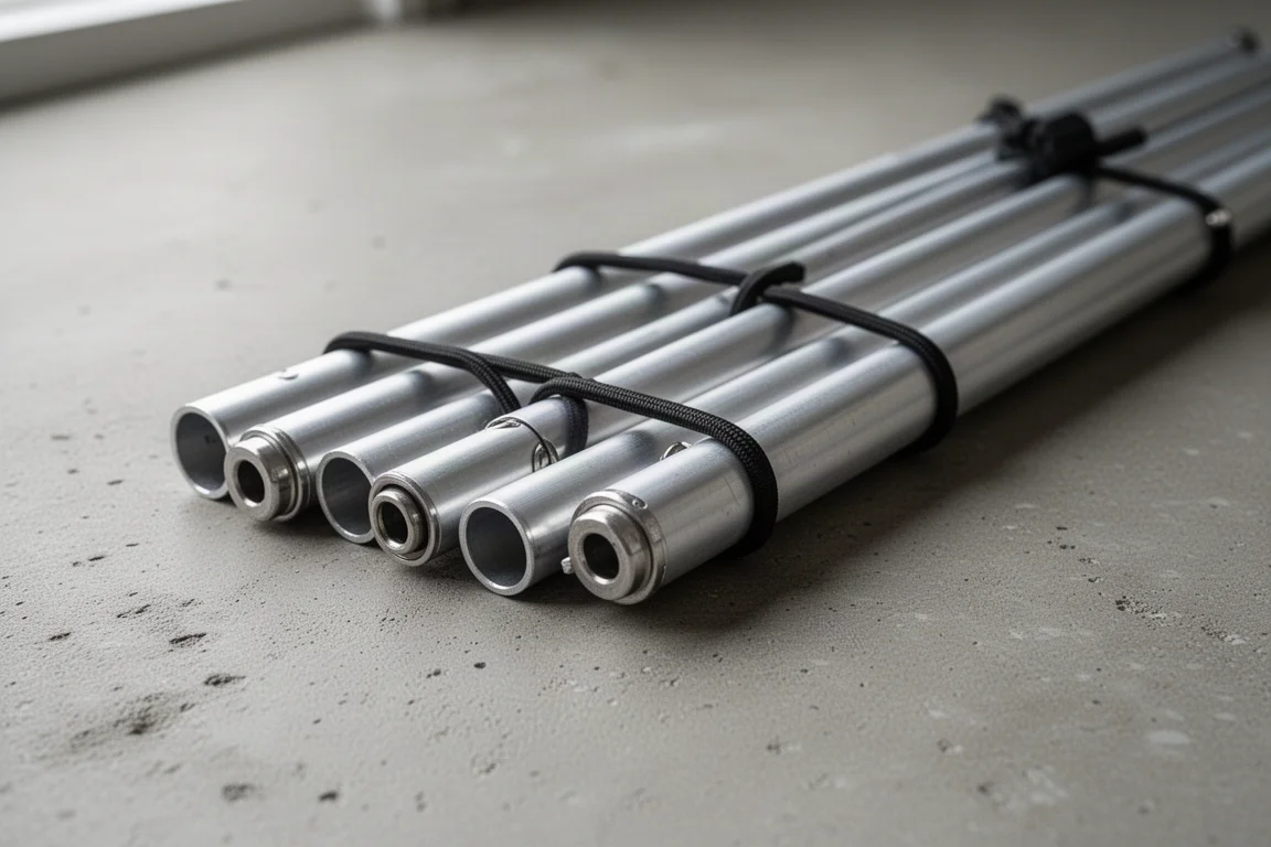 Aluminiowe segmenty stelaża namiotu ze sznurkiem elastycznym rozłożone na betonowej powierzchni