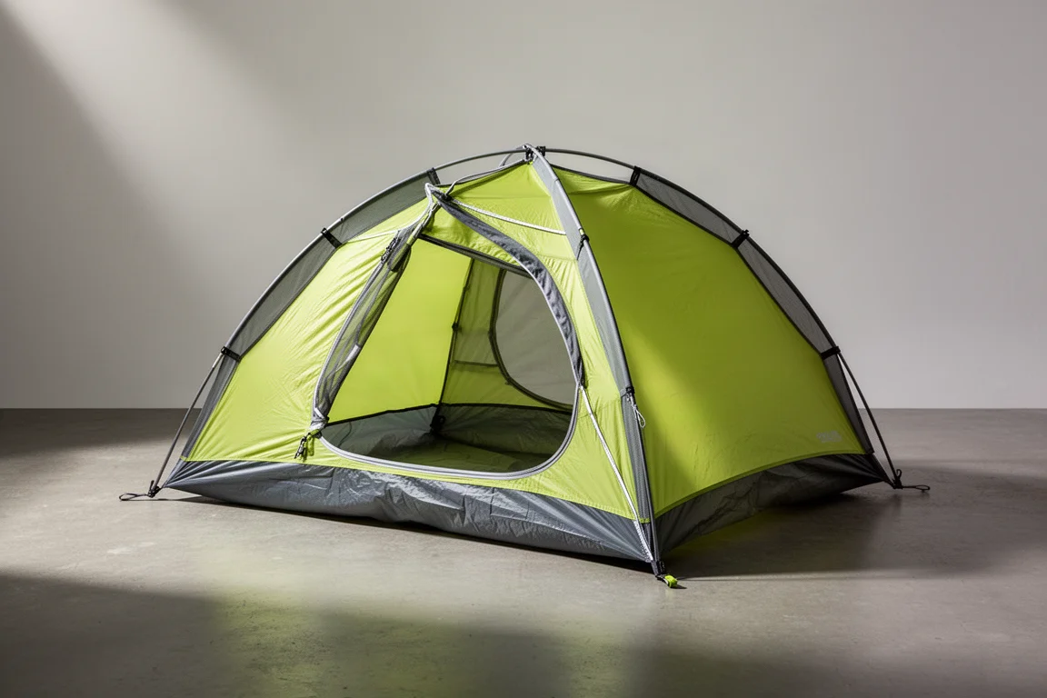 Bright lime and grey ultralight single-skin tent pitched low on a concrete surface