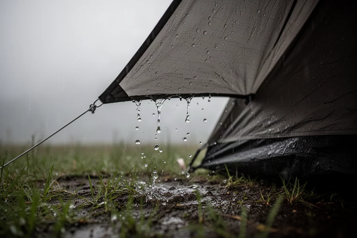 雨水從細小營帳的防雨罩流到濕透的營地地面