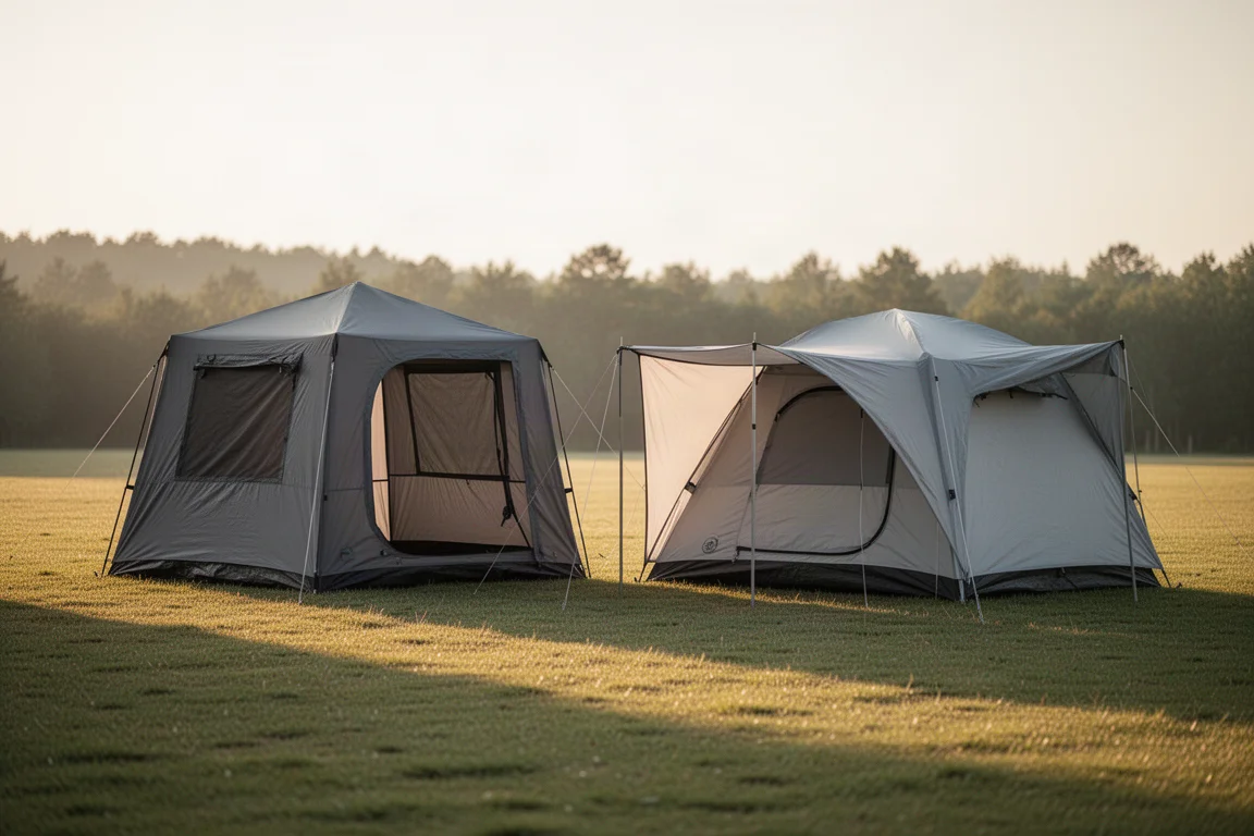 Two four-person camping tents pitched side by side on a grassy campsite at golden hour