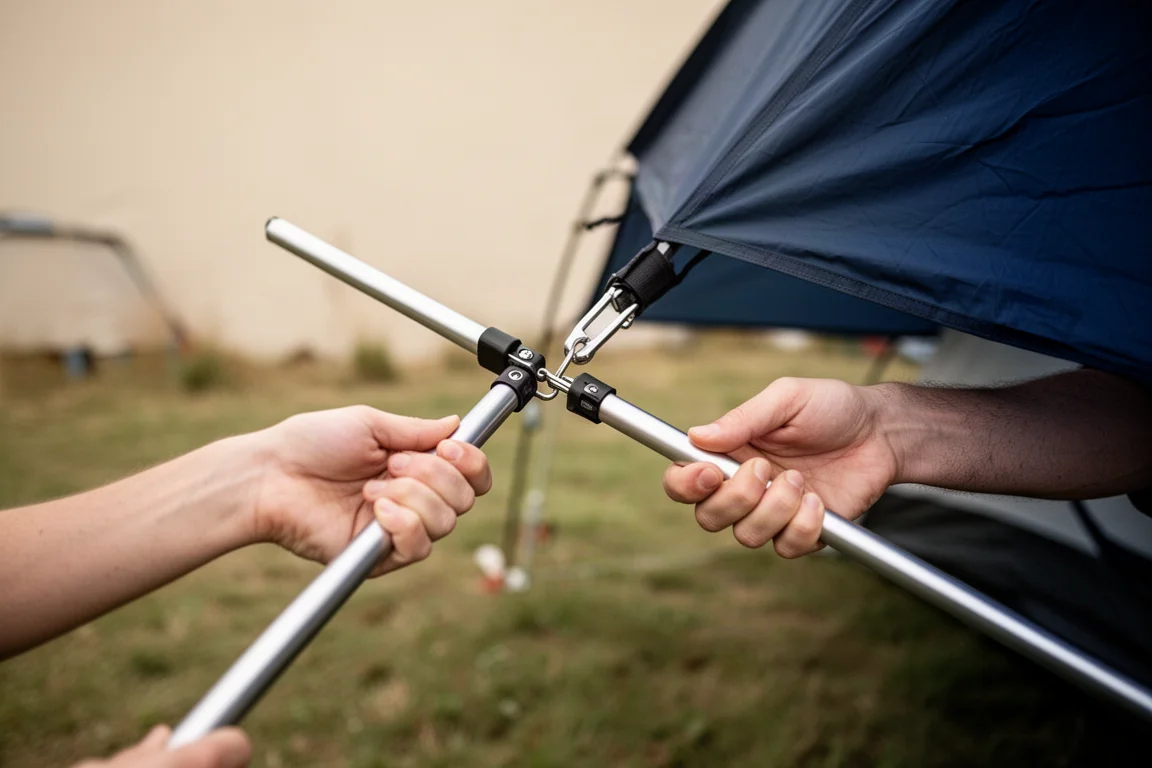 Primo piano dei pali preinstallati che vengono estesi su una tenda instant