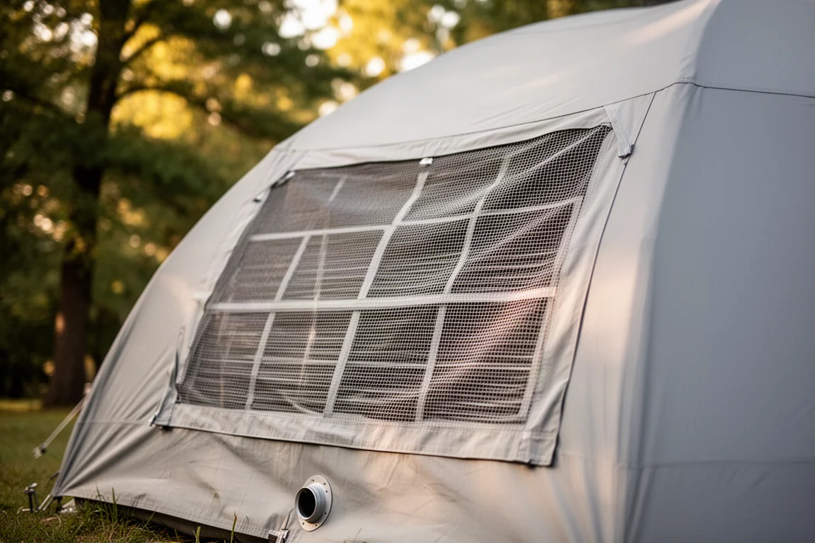 Finestra in mesh su una tenda Coleman Sundome con alberi sullo sfondo