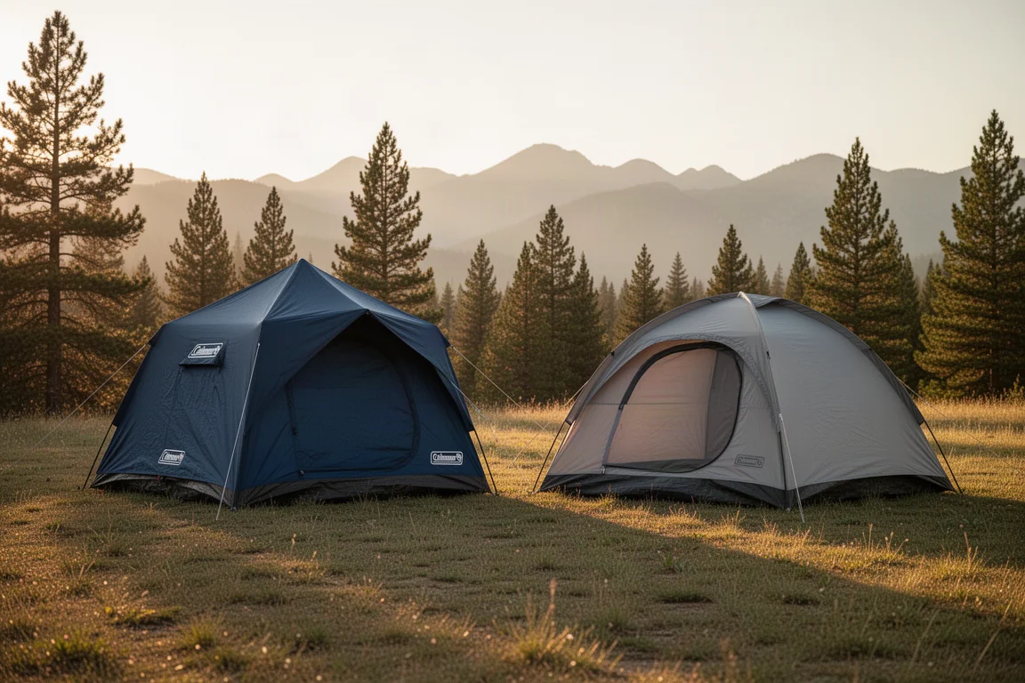 Coleman Instant and Sundome tents pitched at a campsite at golden hour