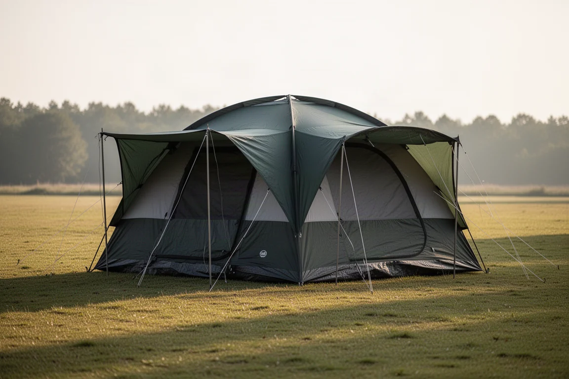 Large green and grey family camping tent pitched on a grassy campsite clearing