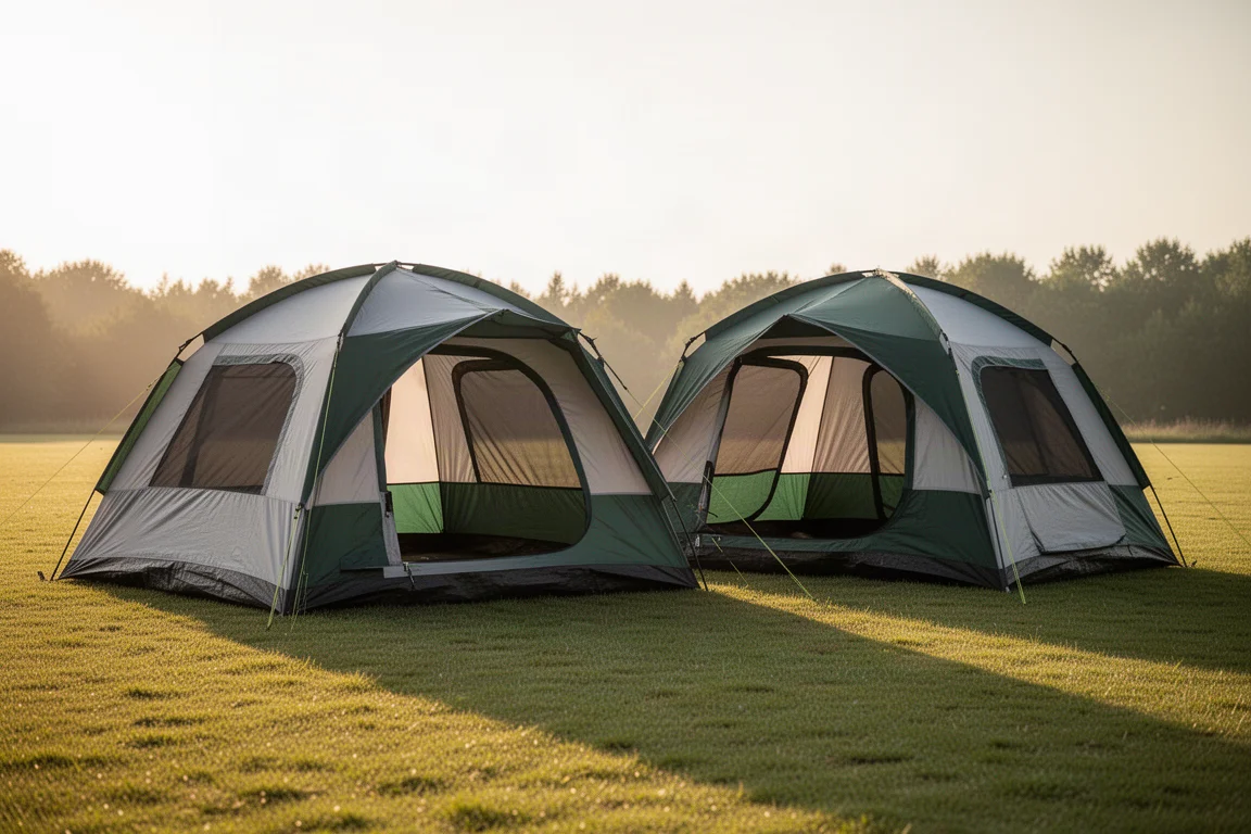 Two large dome family camping tents pitched side by side on grass at golden hour