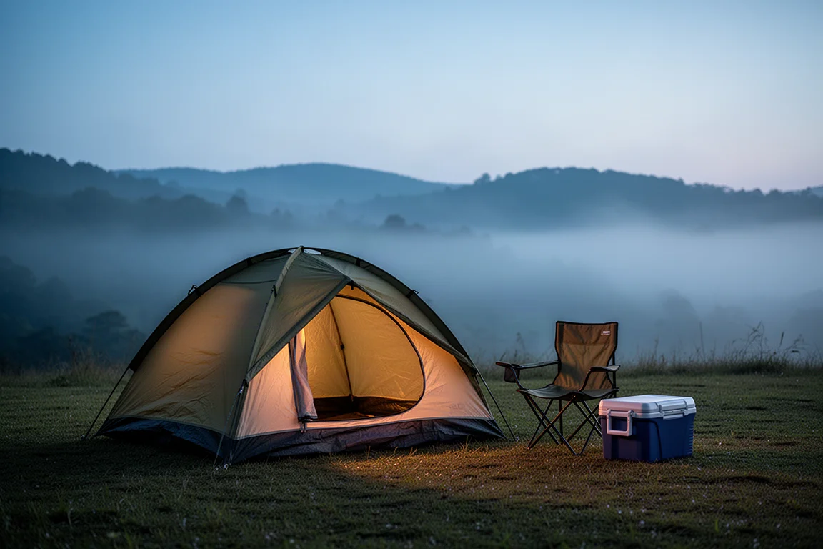 Piccola tenda a cupola e sedia da campeggio pieghevole in un campeggio durante l'ora blu
