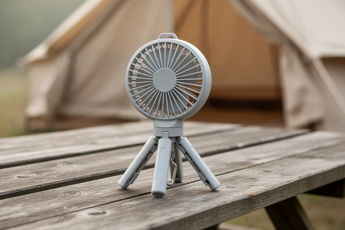 Primo piano delle gambe pieghevoli del treppiede di un ventilatore portatile e del gancio inferiore su un tavolo da picnic