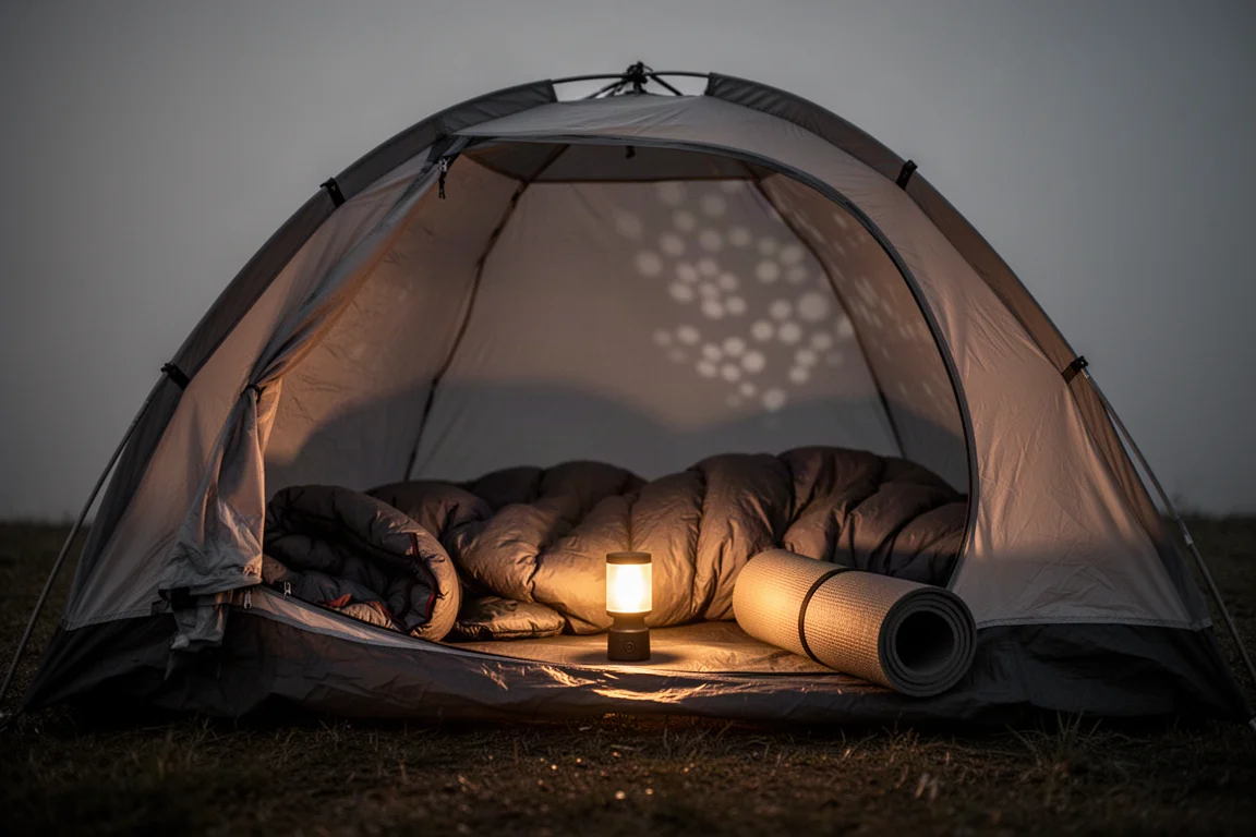 Interno di una piccola tenda a cupola illuminata caldamente di notte