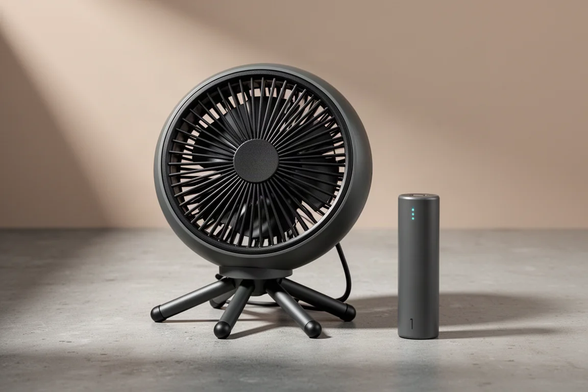 Coleman OneSource camping fan with folded tripod legs beside a rechargeable battery on concrete