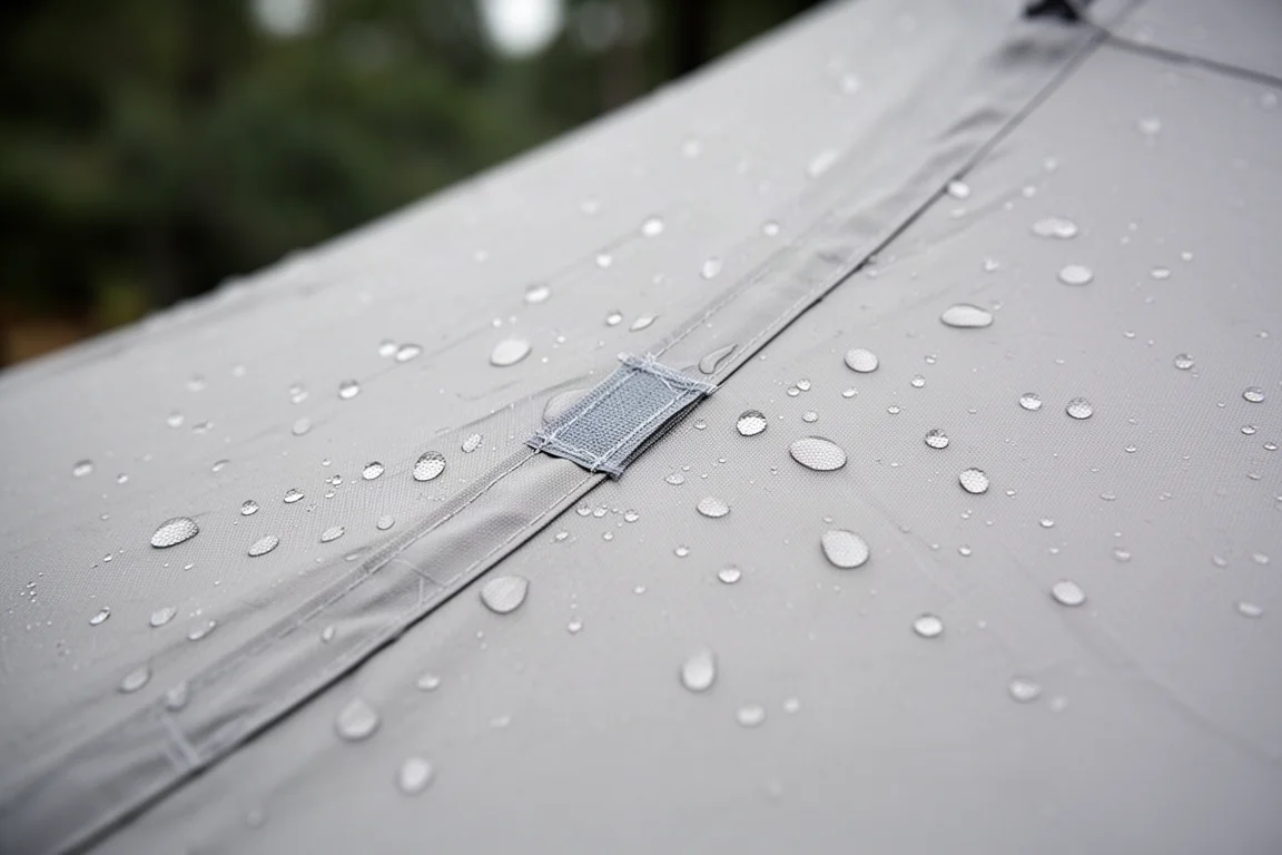 Chuva formando gotas em tecido de barraca tensionado ao lado de uma costura selada