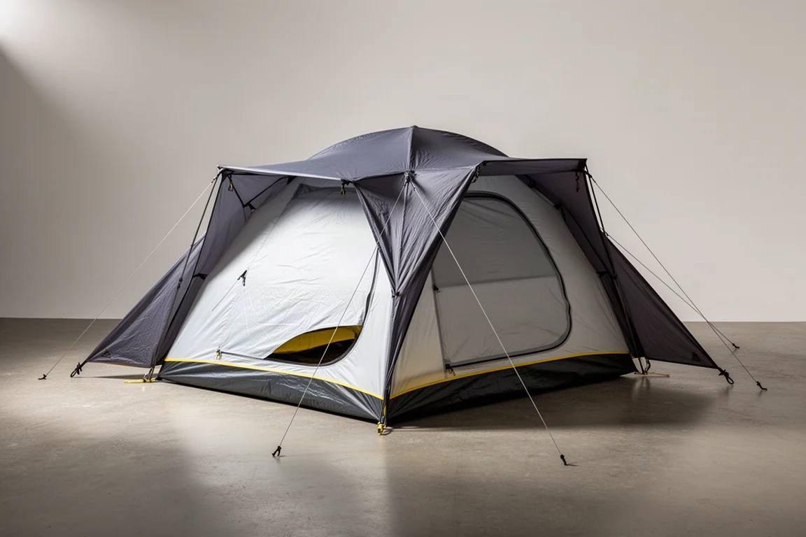 Two-person camping tent with dark rainfly and two staked vestibules in a studio setting