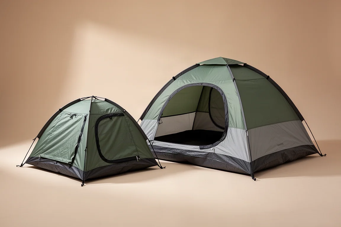 Two Coleman pop up tents pitched side by side on a neutral studio backdrop