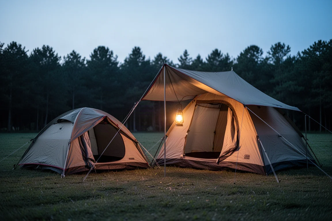 Zwei Zelte nebeneinander auf einem Campingplatz in der Dämmerung mit Laternenlicht