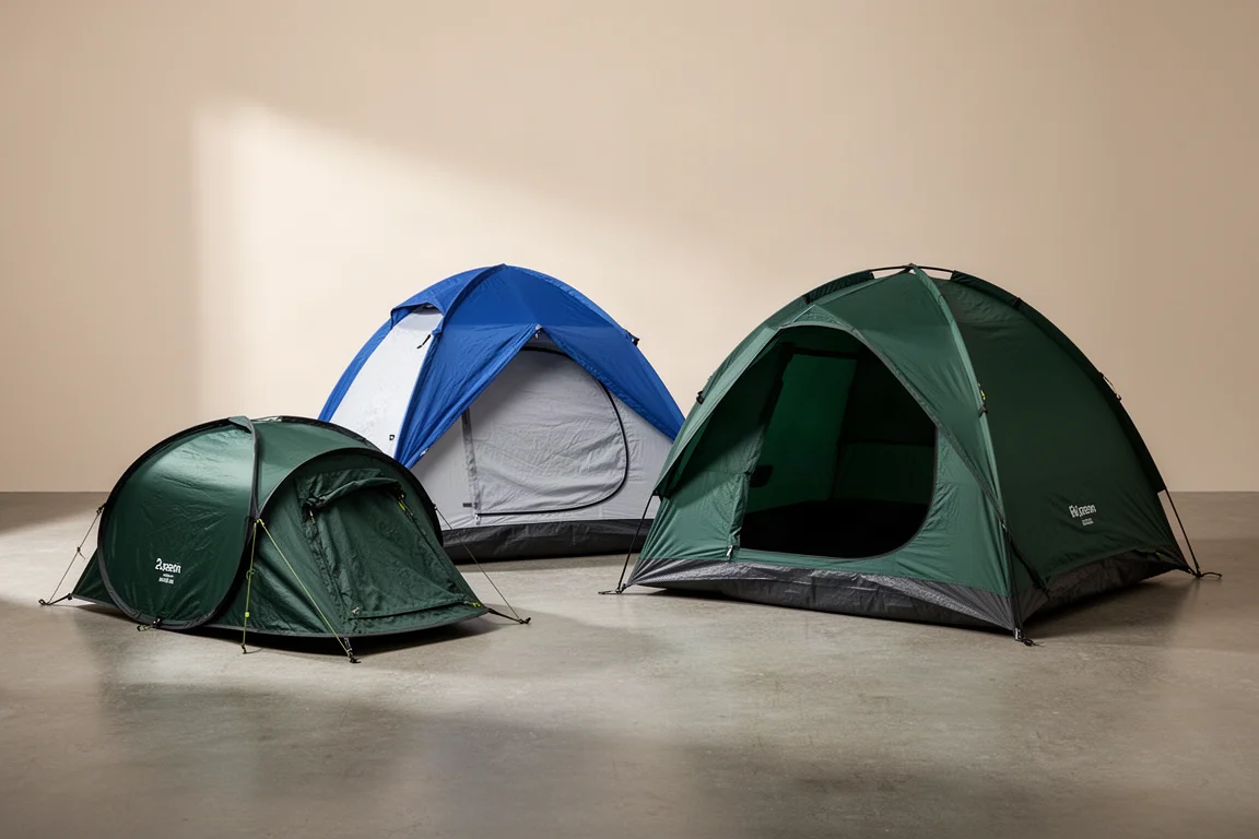 Three Coleman-style dome camping tents arranged on a matte concrete floor