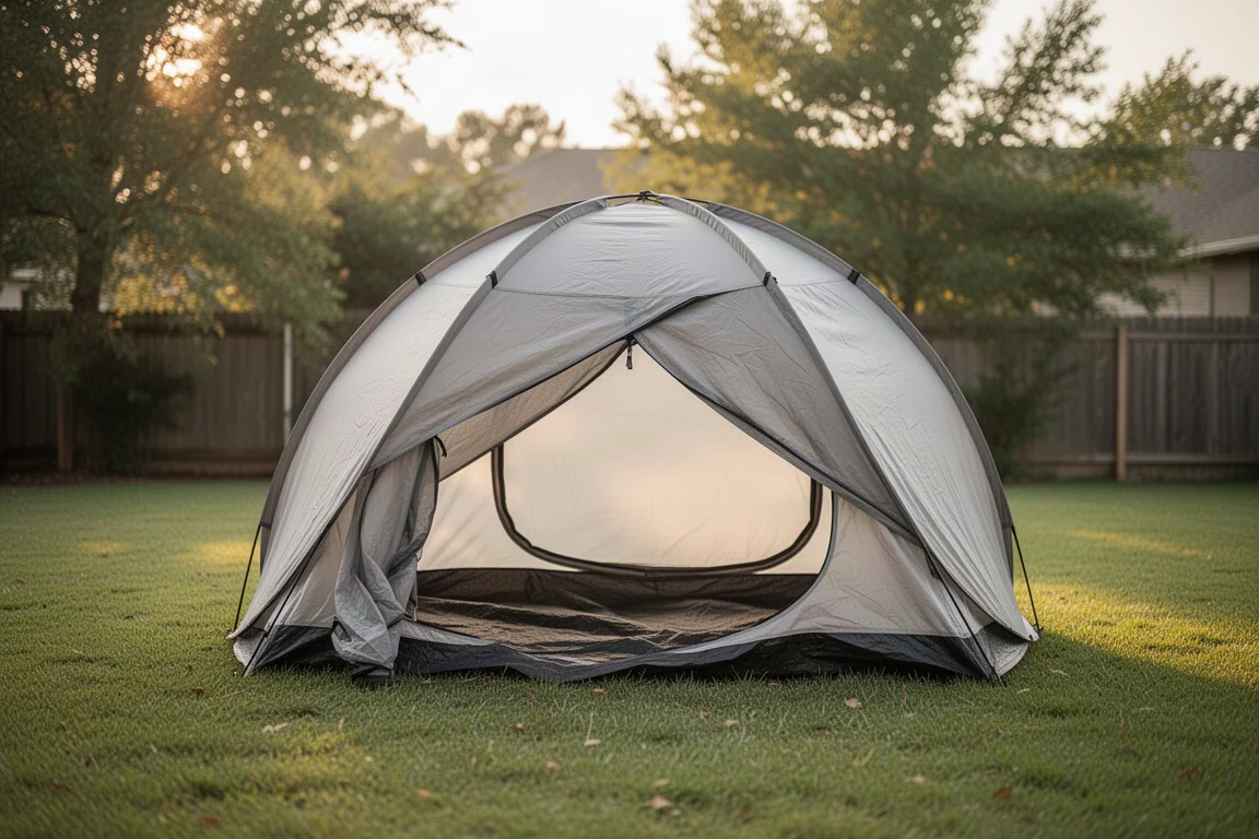 Pop up-campingtält som fälls ut på en gräsbevuxen bakgårdsgräsmatta
