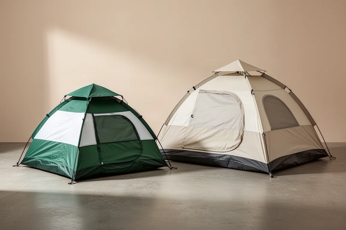 Coleman 2-person and 4-person pop up tents side by side on a concrete surface