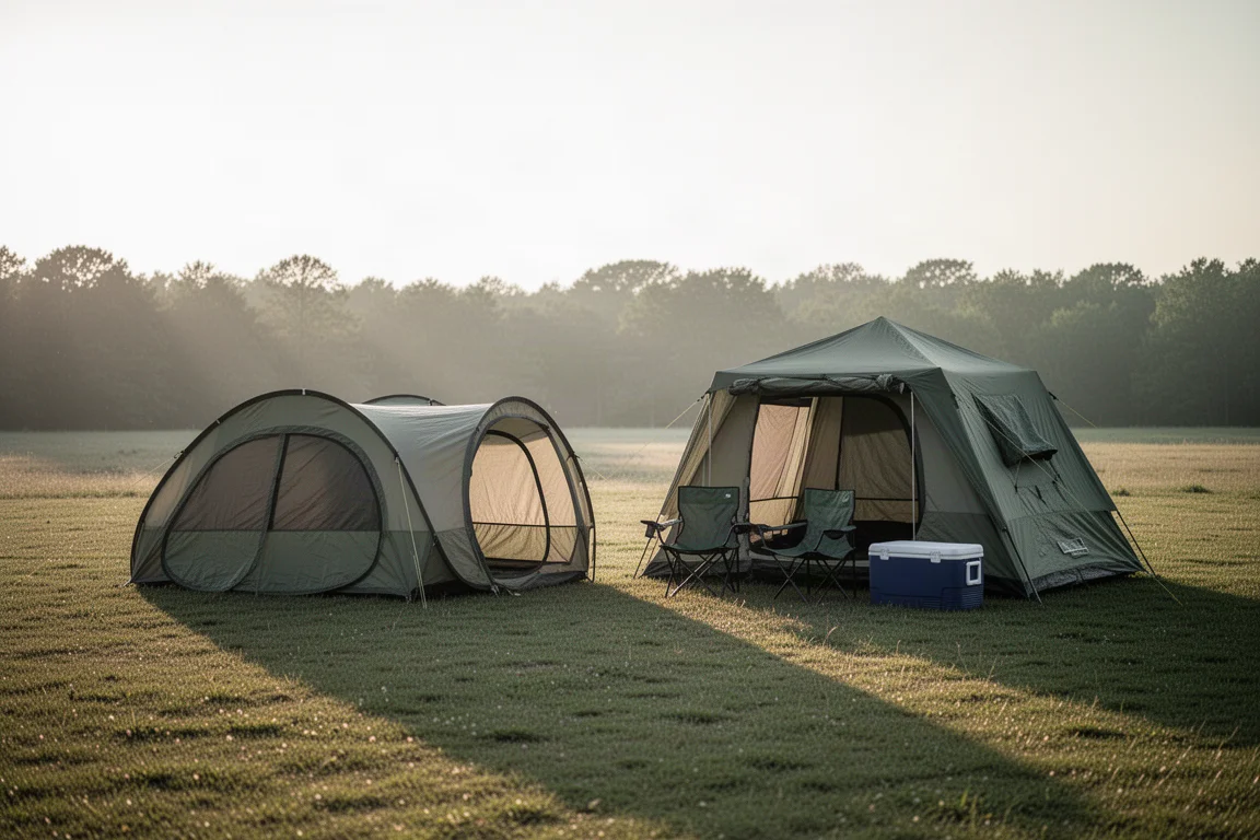 Zwei Campingzelte nebeneinander auf einer grasbewachsenen Lichtung zur goldenen Stunde aufgebaut