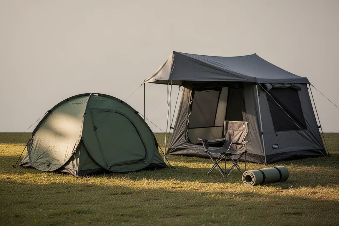 Two camping tents pitched in a sunlit grassy clearing with a camp chair and sleeping pad