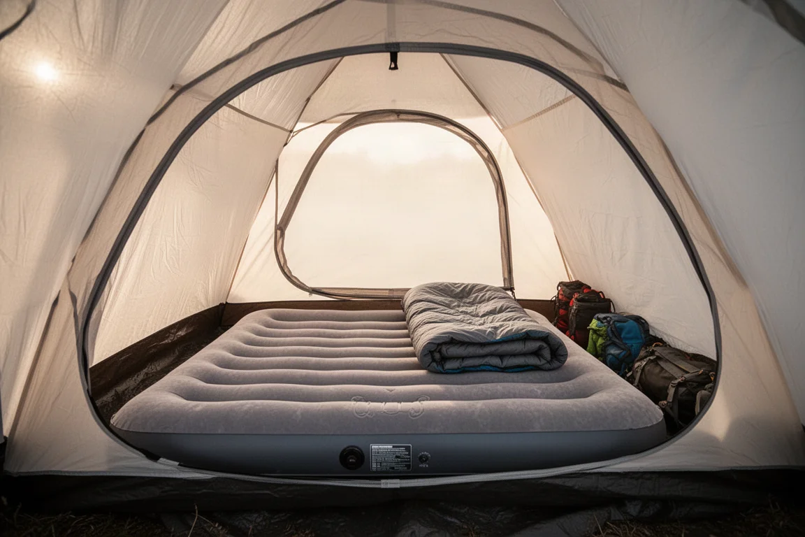 Full-Size-Luftmatratze in einem kleinen Kuppelzelt aufgebaut, darauf ein zusammengefalteter Schlafsack