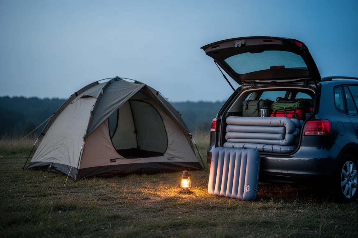 Campingplatz in der Dämmerung mit Kuppelzelt und geöffnetem Kofferraum mit zusammengefalteter Campingausrüstung