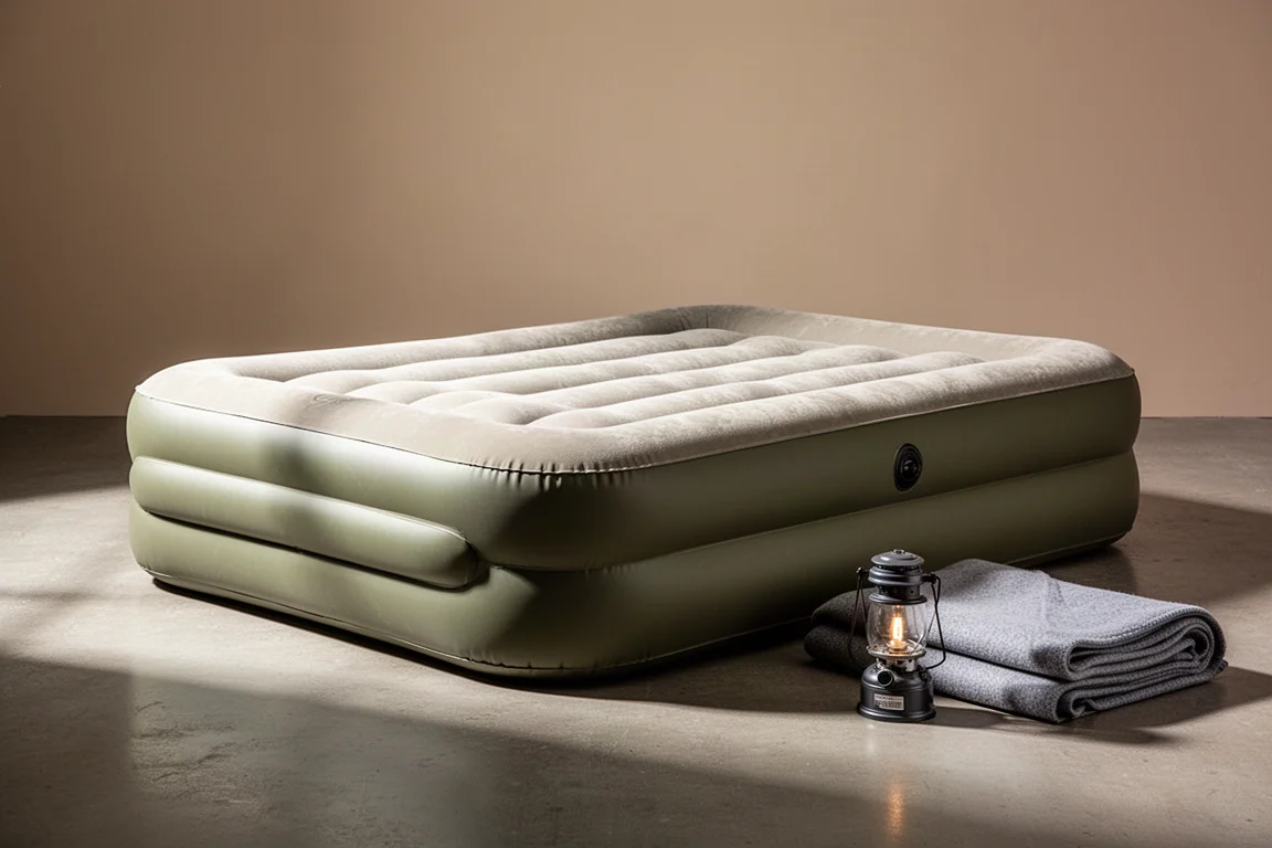 Inflated full-size air mattress with plush top on concrete floor beside folded blanket