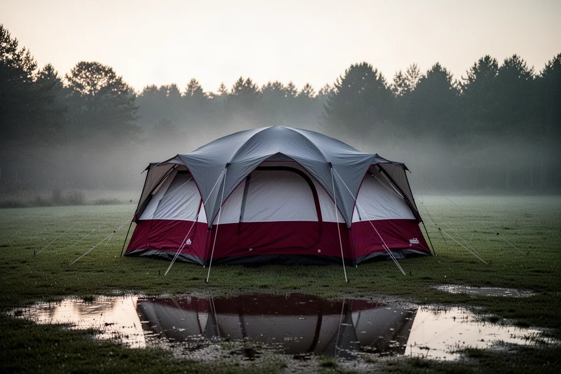 Amplia tienda domo para ocho personas en rojo y blanco montada en un claro de camping brumoso al amanecer