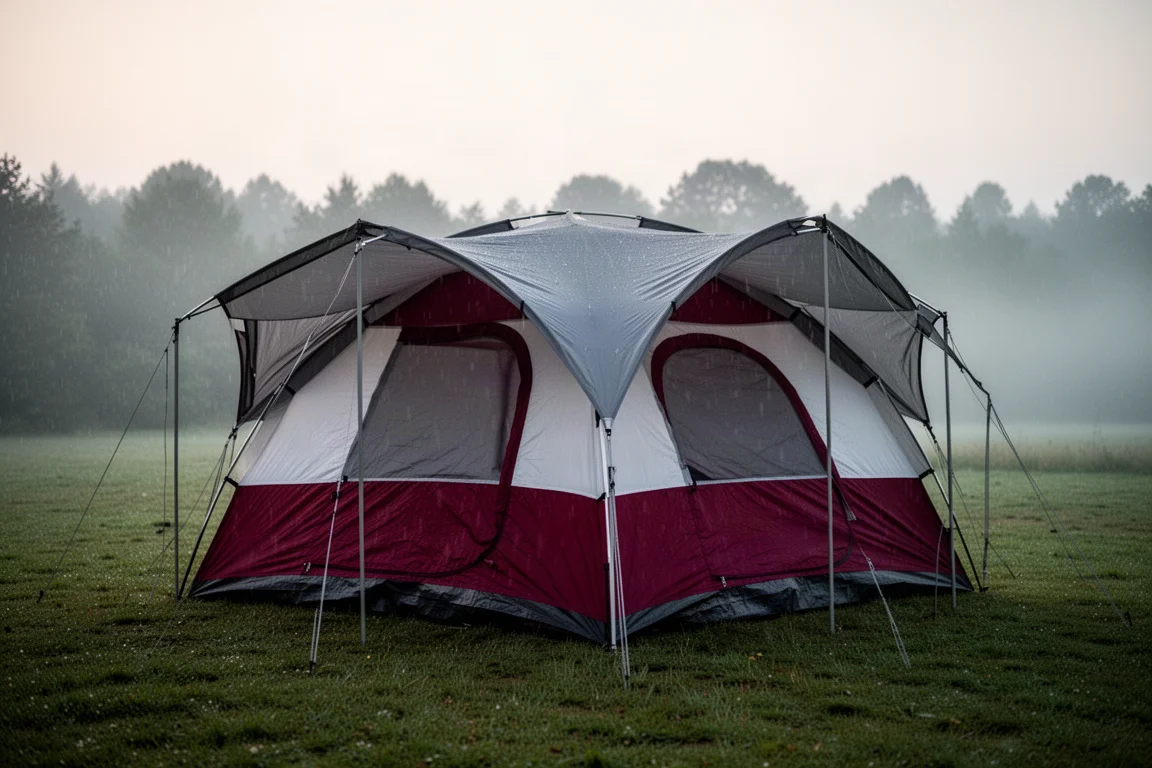 Large red and white eight-person dome tent with grey rainfly pitched in a misty campsite clearing