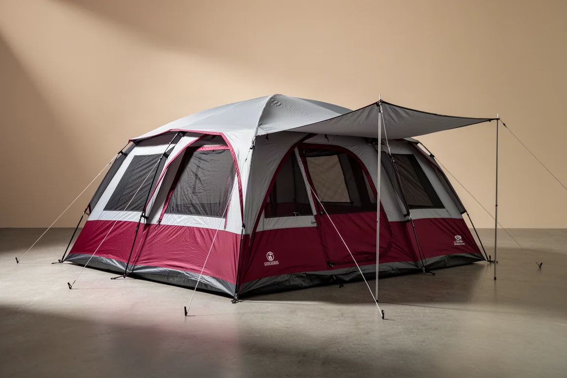 Large eight-person extended dome camping tent pitched on a concrete surface
