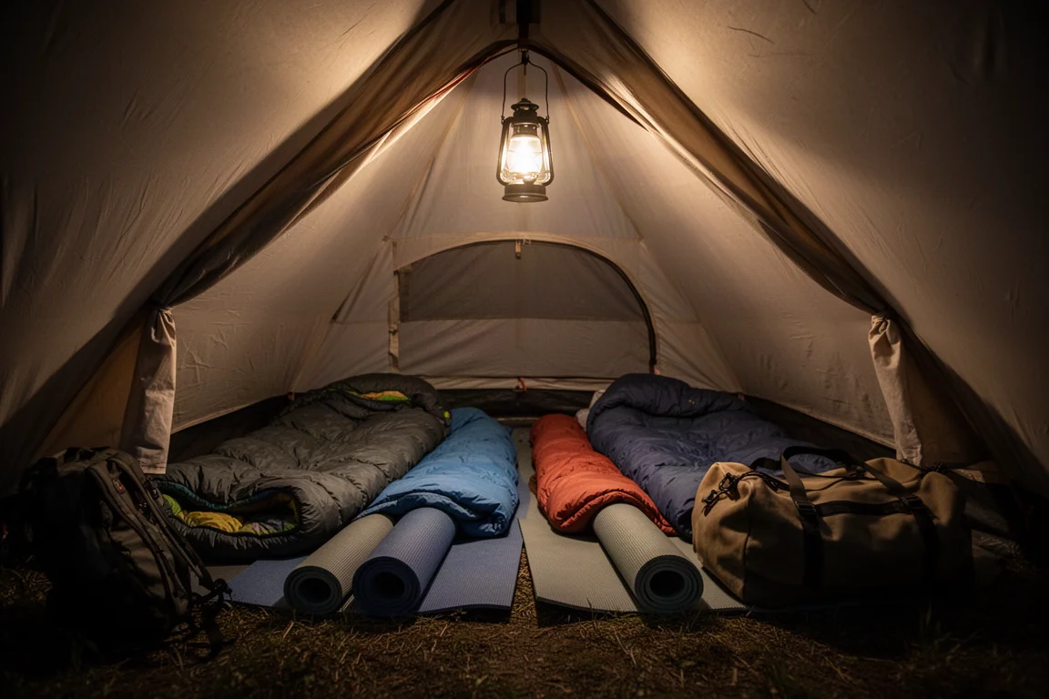 Interior of a family tent at night lit by a lantern hanging from the apex