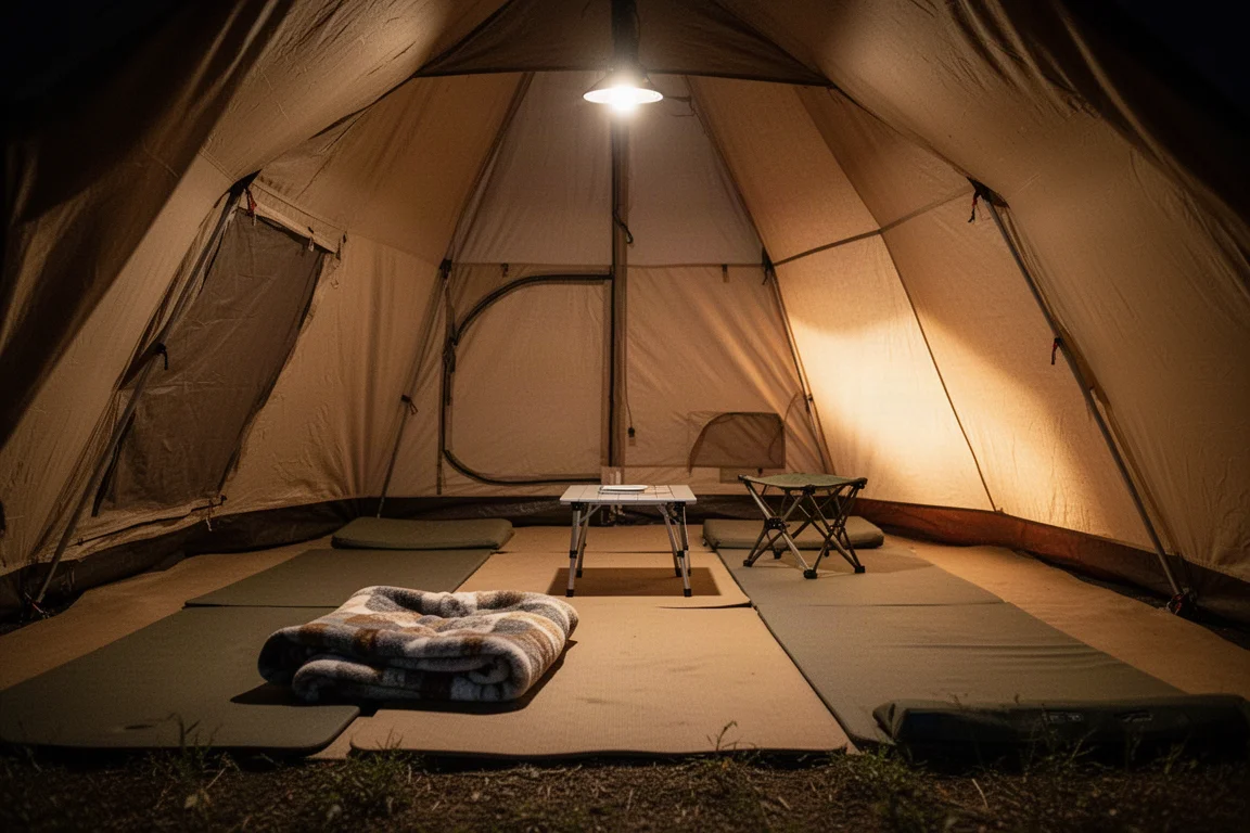 Wide tent interior evenly lit at night with gear and sleeping mats visible