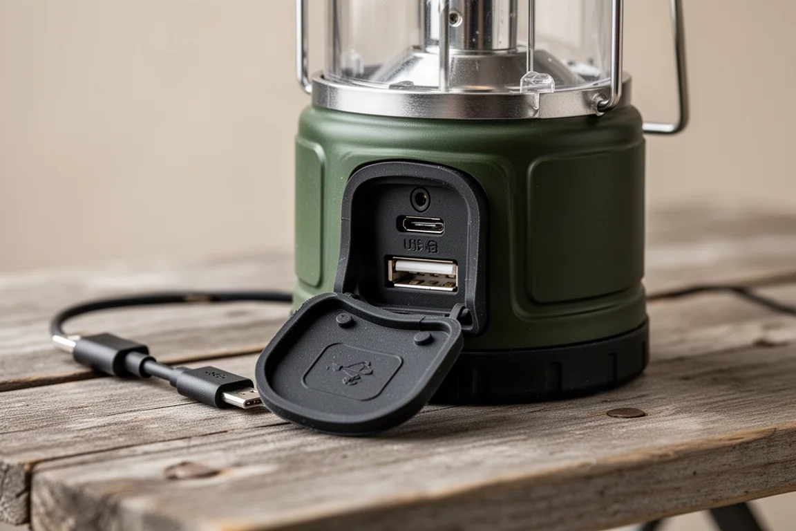 Close-up of a rubber port flap opened to reveal two USB ports on a lantern