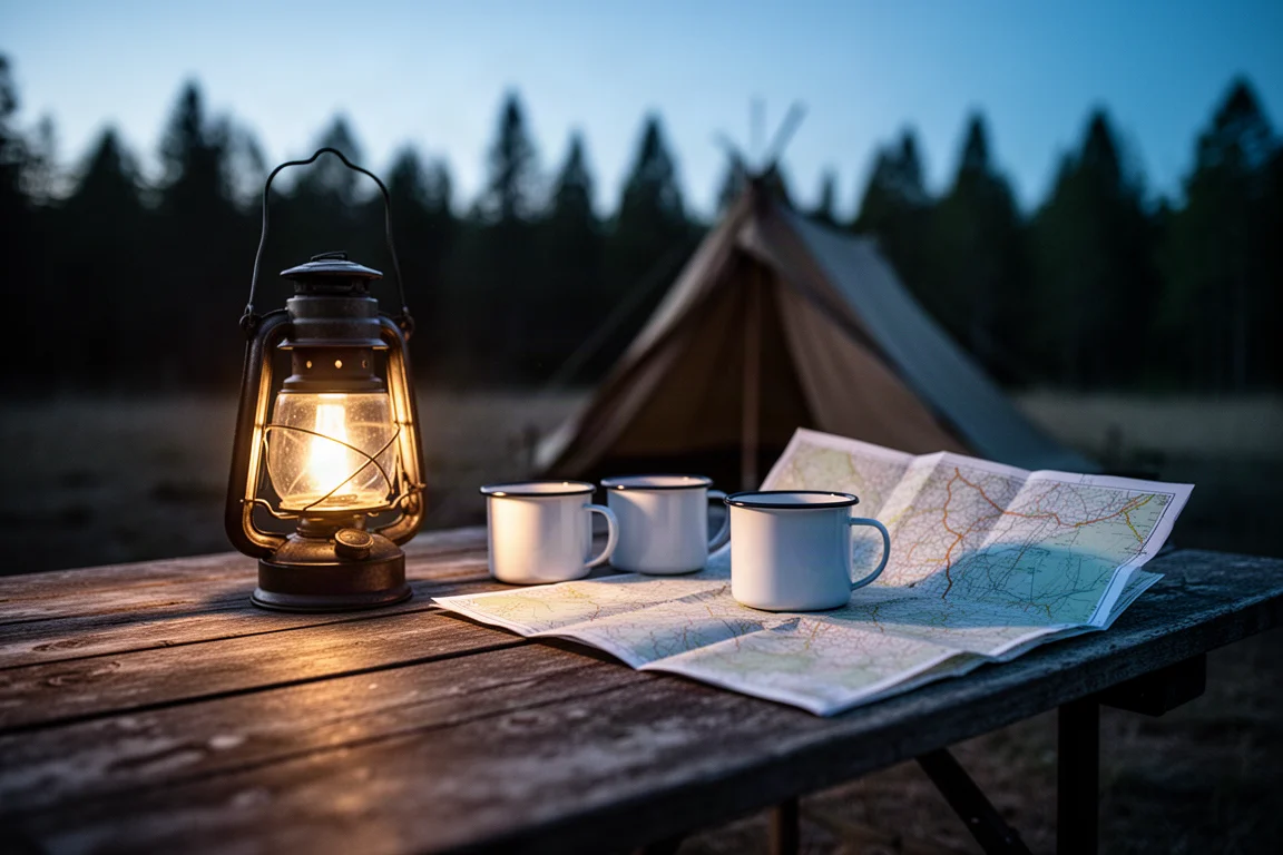 Camp table at dusk with a lantern, enamel mugs, and a tent in the background
