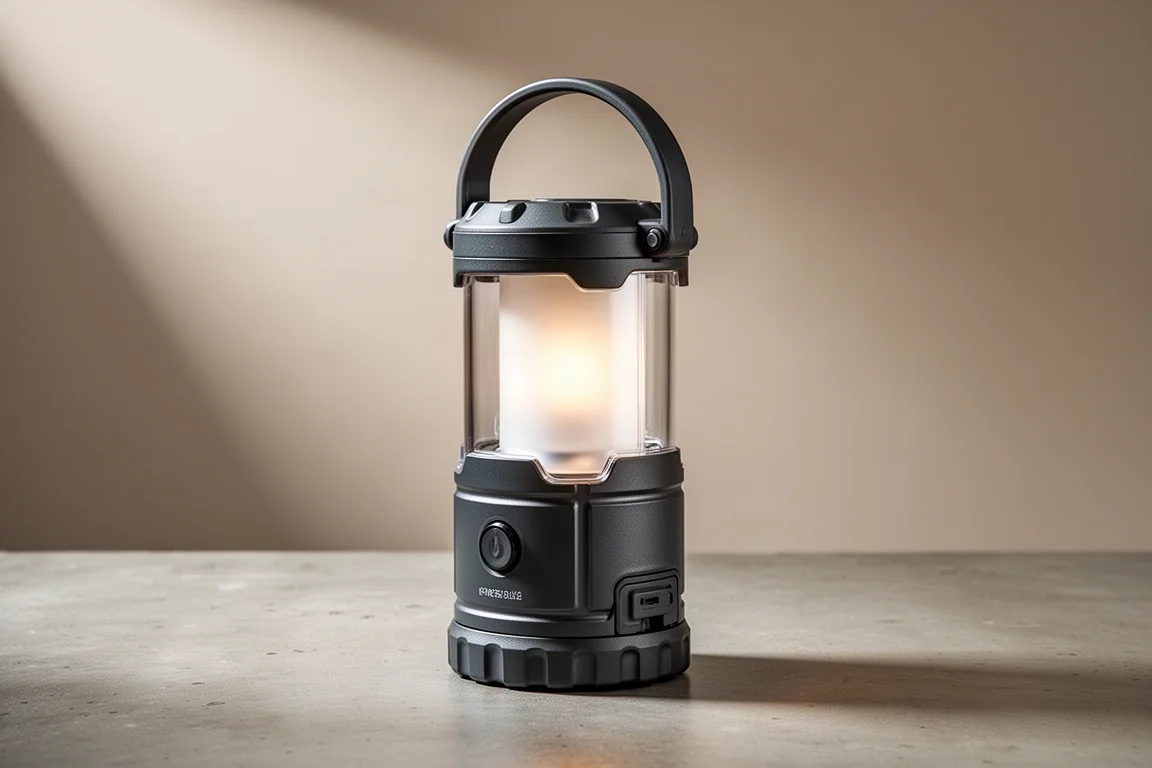 Rugged rechargeable camping lantern with carry handle and clear globe on concrete