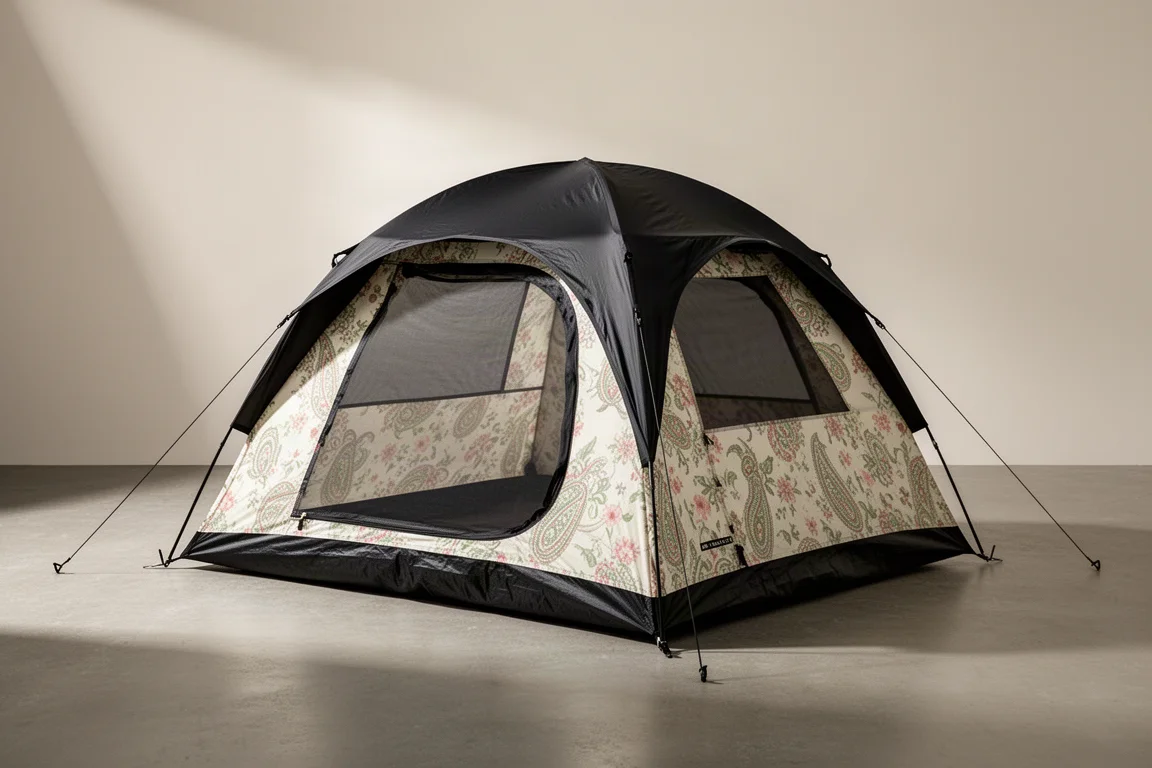 Four-person dome camping tent with black rain fly and floral paisley print on concrete