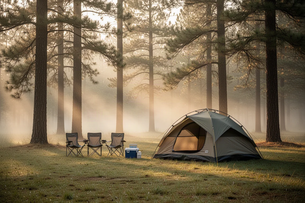 Tenda a cupola montata in un campeggio sul lago all'alba con nebbia sull'acqua
